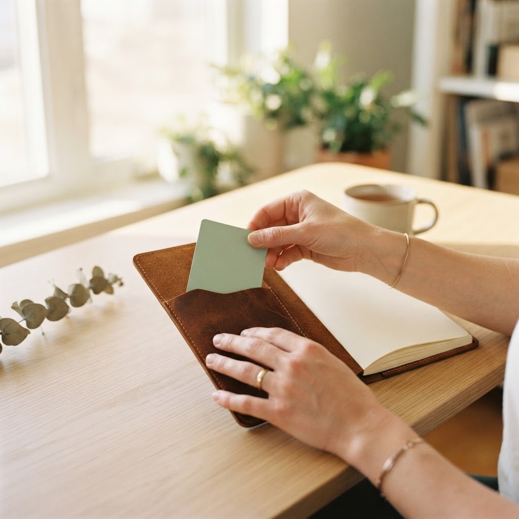 Hands placing a card into a leather notebook