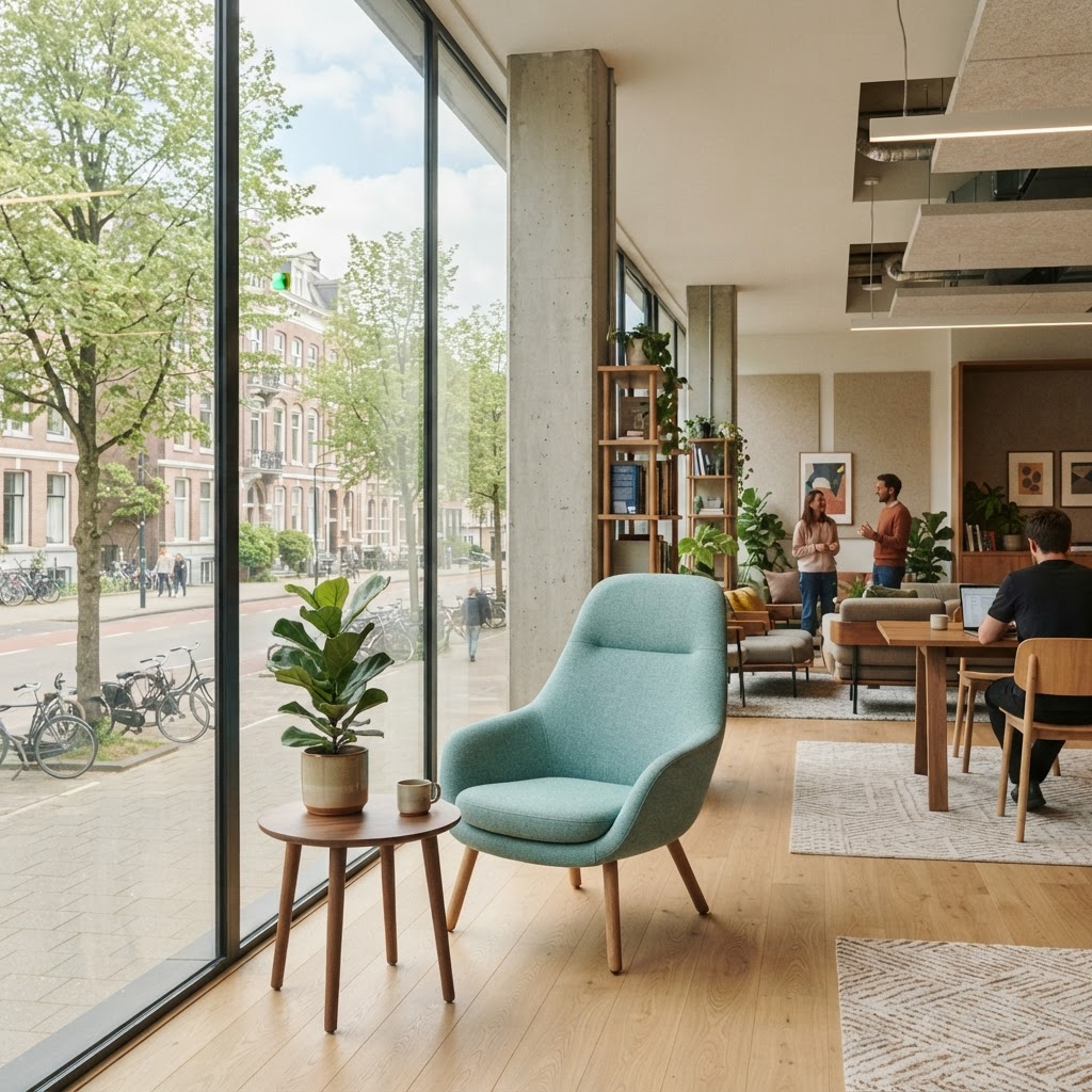 Modern office interior with an armchair and plants