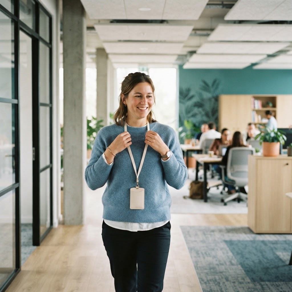 Person walking in a modern office with a lanyard