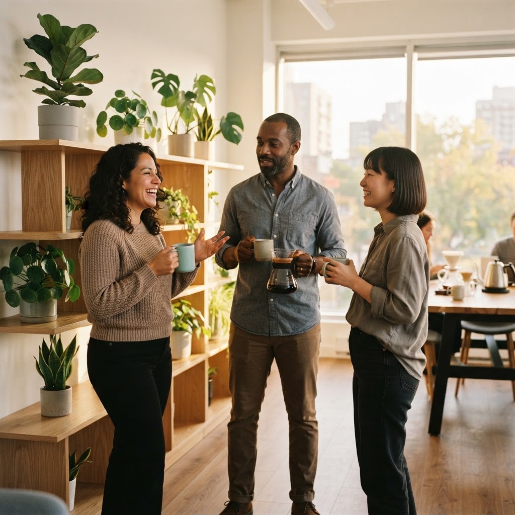 Three diverse colleagues chatting in a bright office