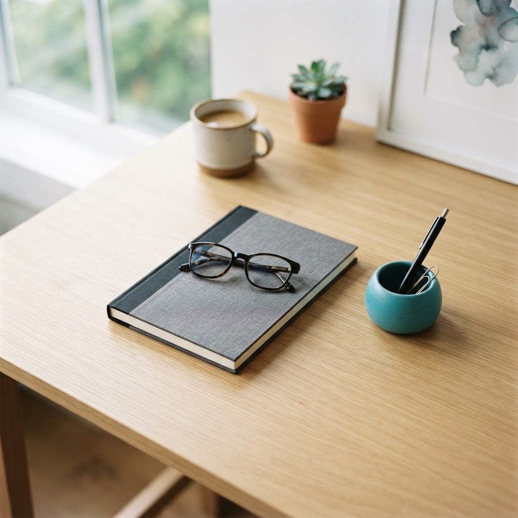 Clean minimalist desk workspace with personal accessories