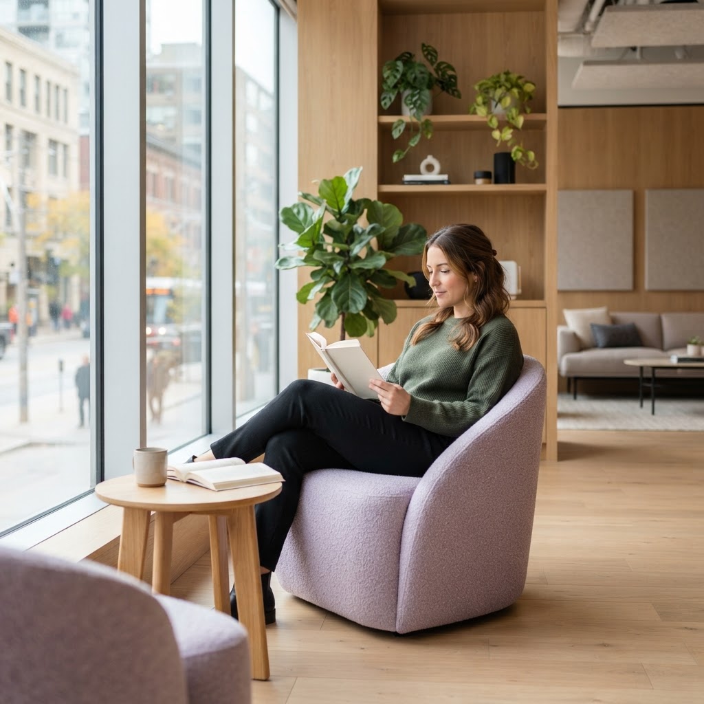 Employee reading in a comfortable office lounge chair
