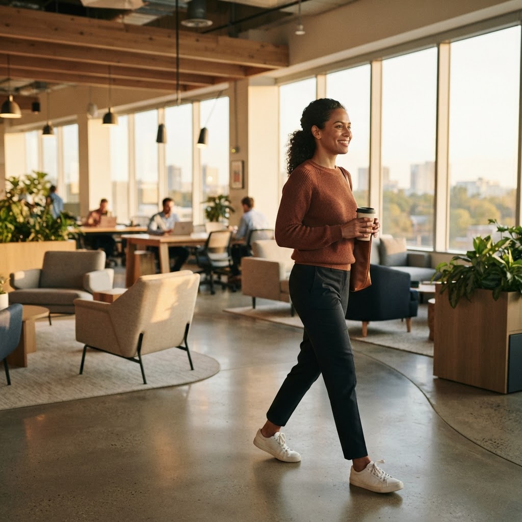 Employee walking through a sunlit modern office