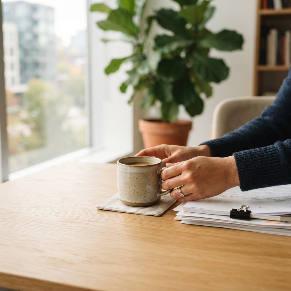 Hands placing a mug on a clean office desk