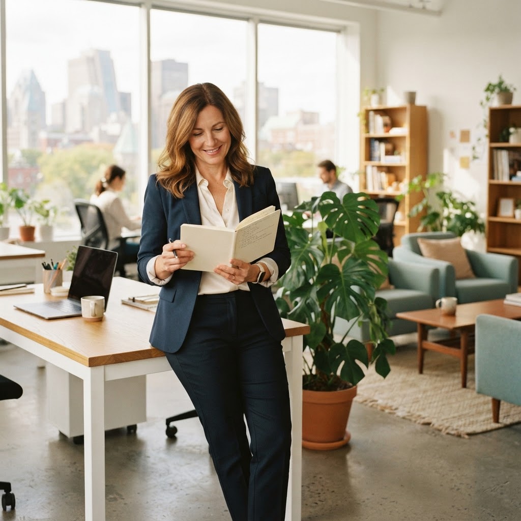 Business owner planning health benefits in a modern office