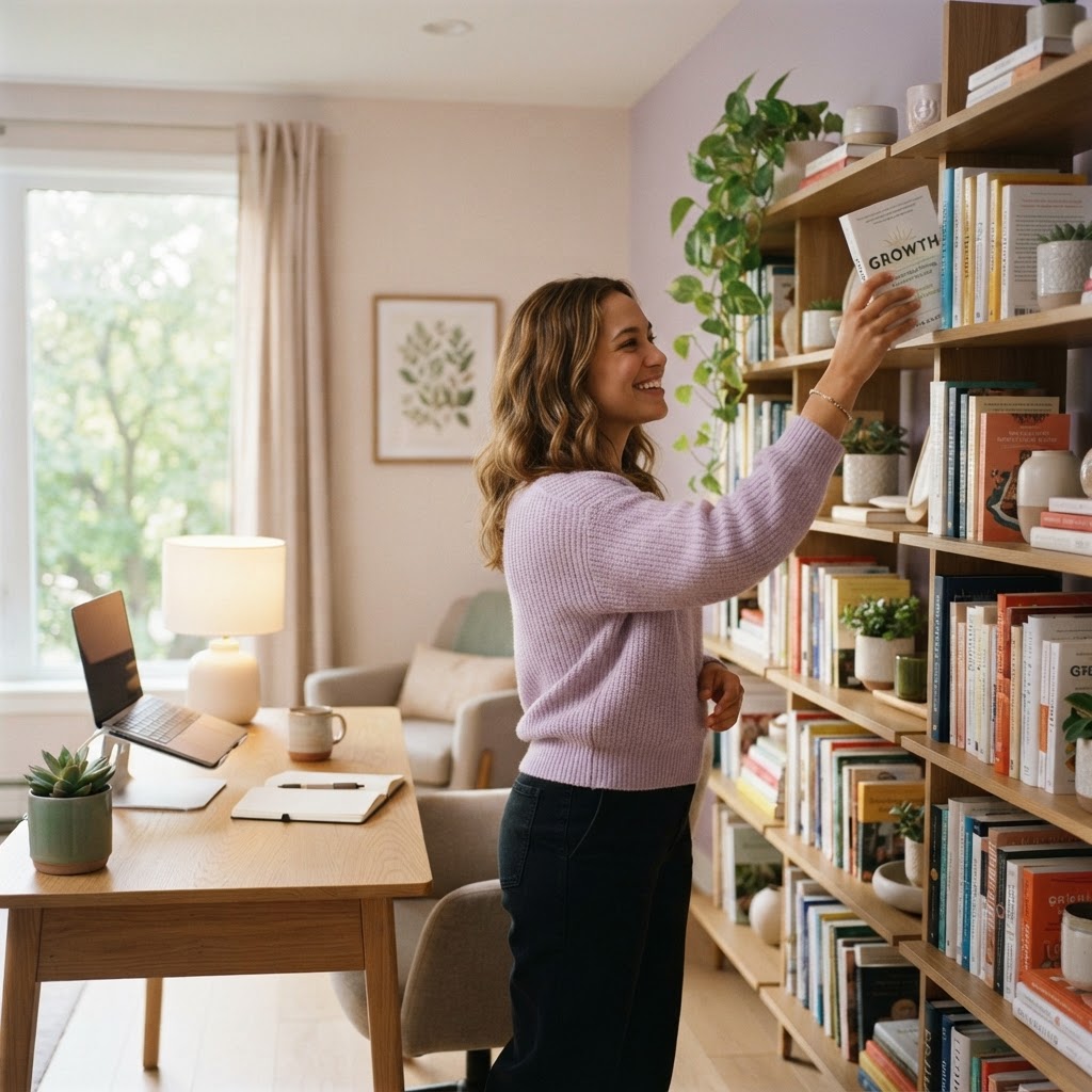 Person feeling empowered in a bright home office