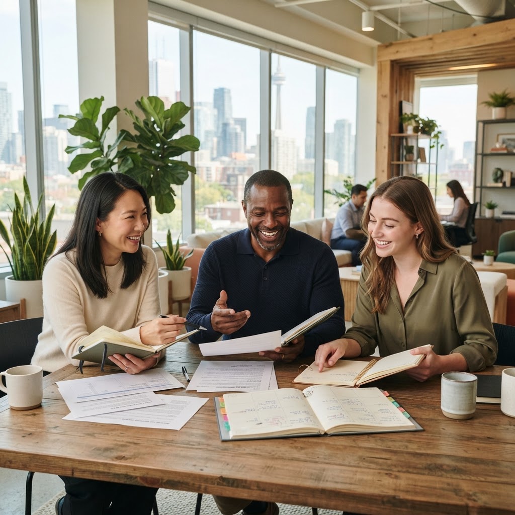 Diverse team discussing employee benefits in a modern office
