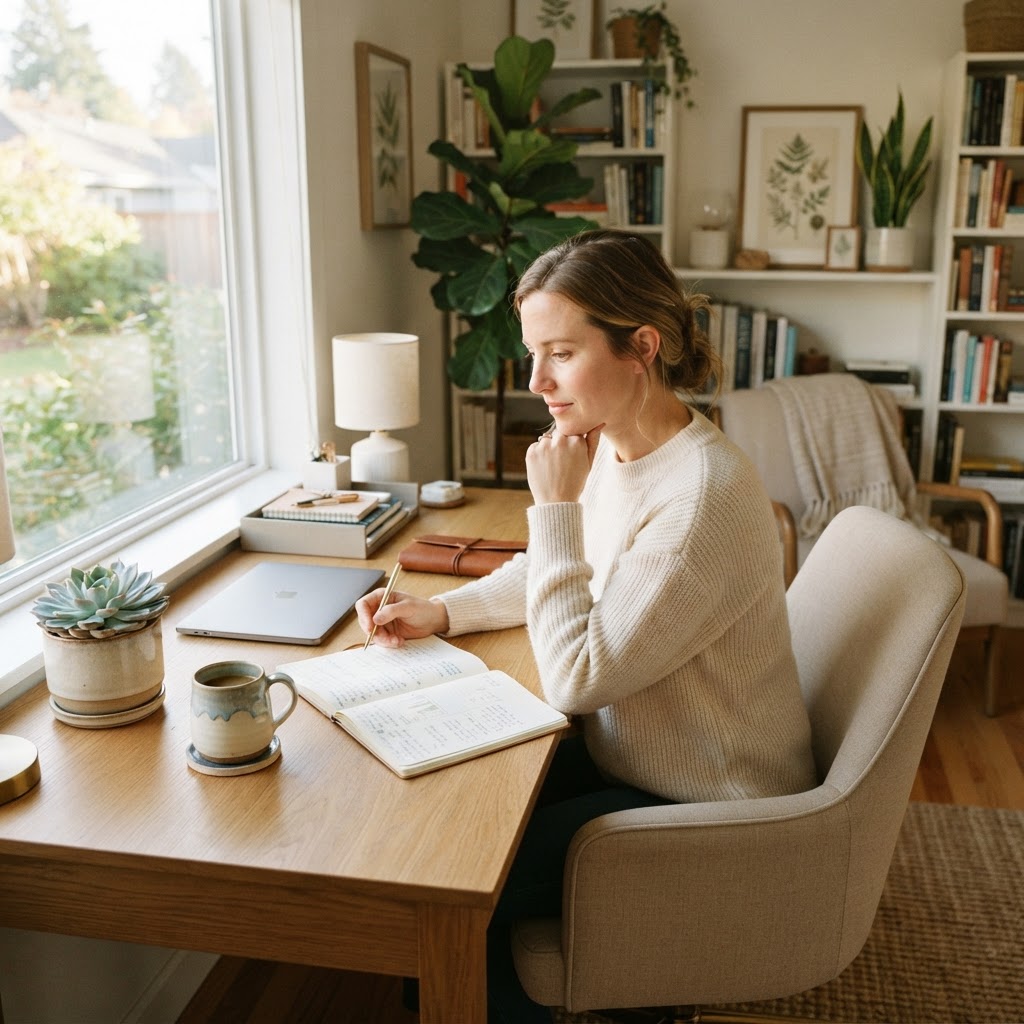 Person reviewing financial plans in a home office