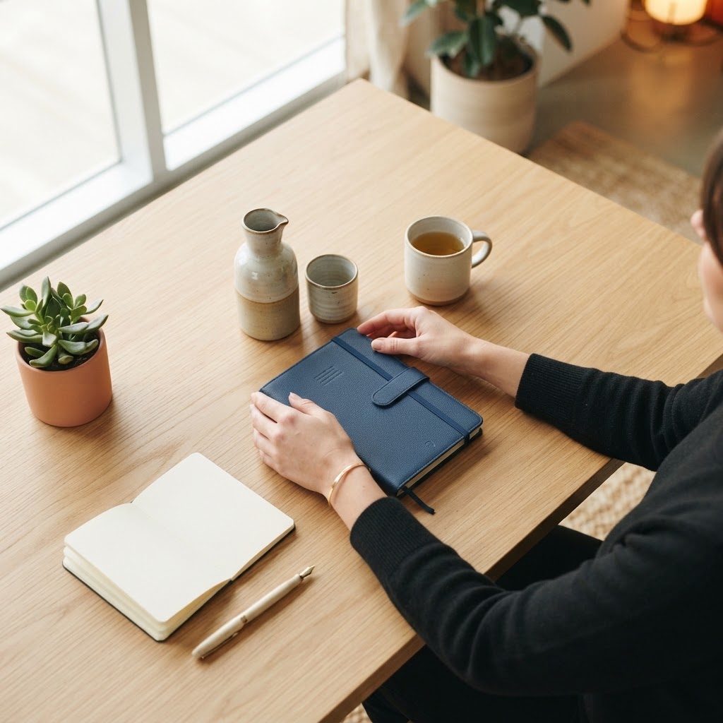 A person organizing a planner on a clean desk