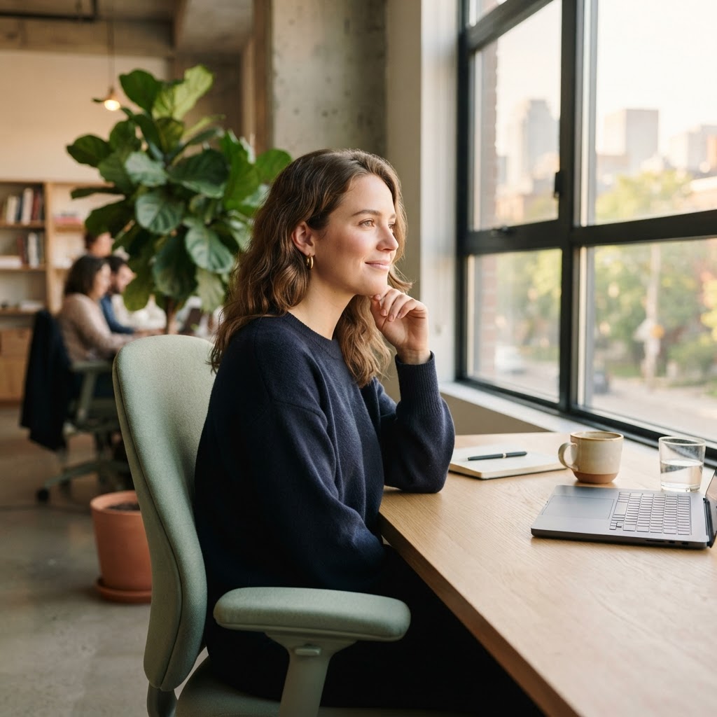 A relaxed employee resting in a bright modern office