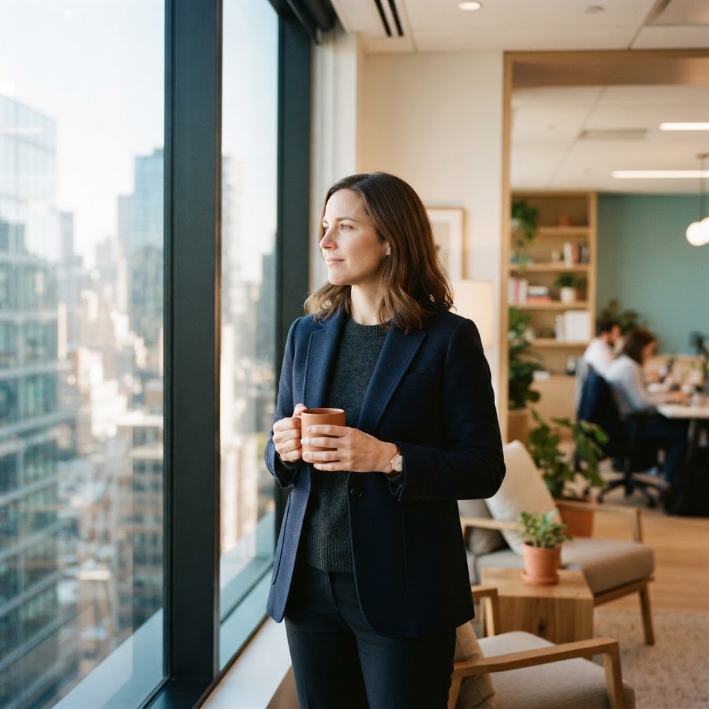 An employee looking out of a bright office window