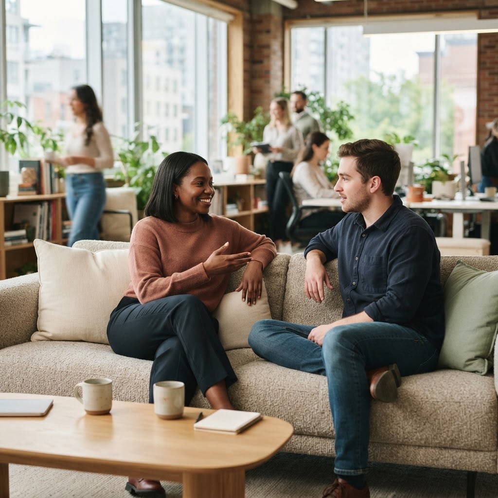 Two colleagues having a supportive chat in a lounge