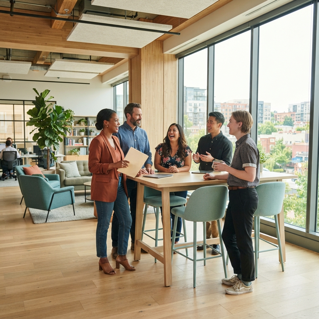 Diverse colleagues talking in a bright modern office