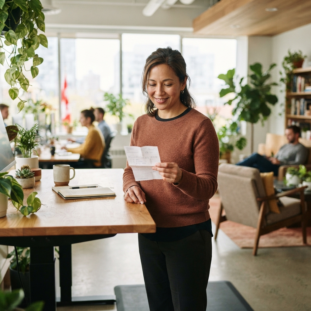 Professional employee holding a prescription receipt in a modern office