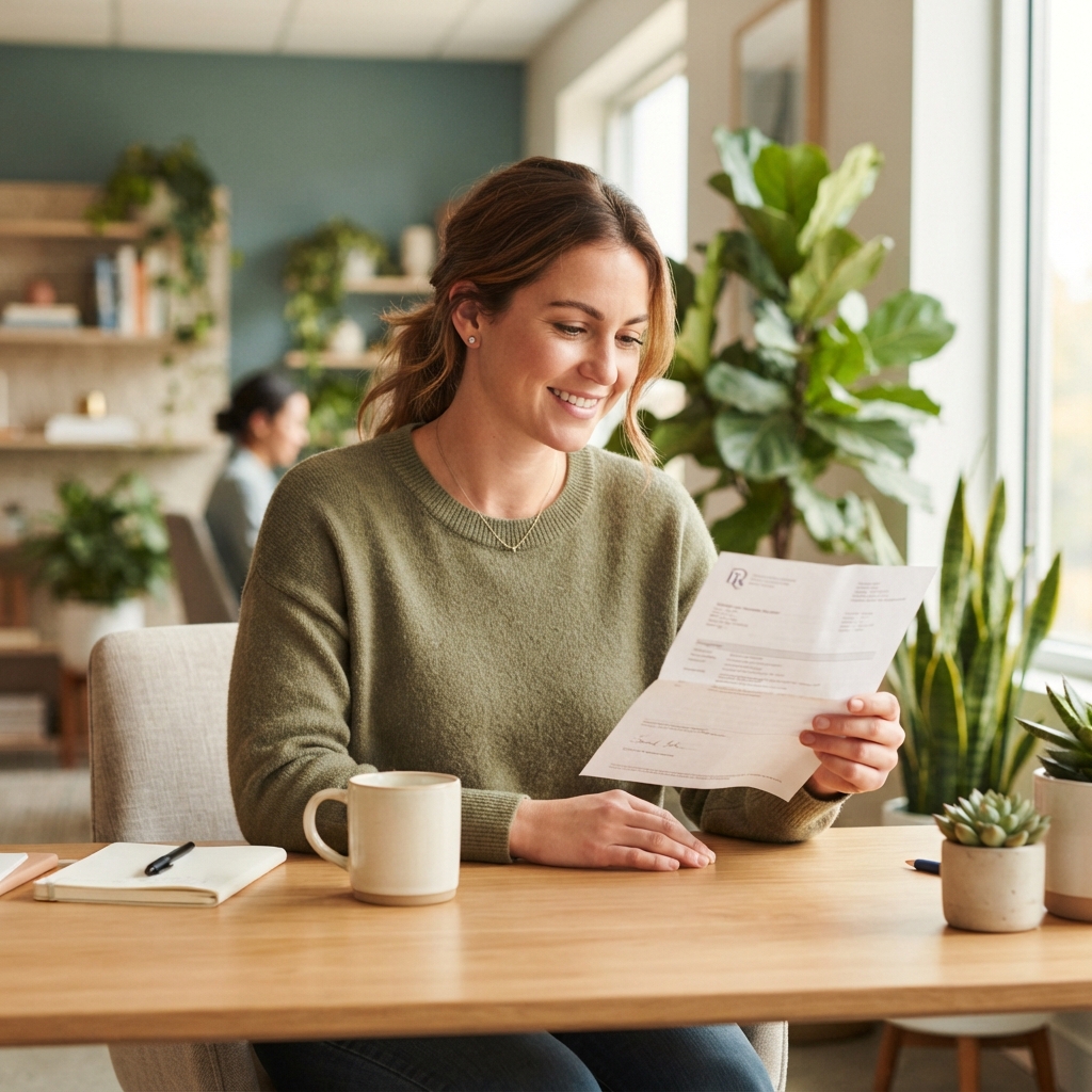 Employee holding a medical prescription in a modern office