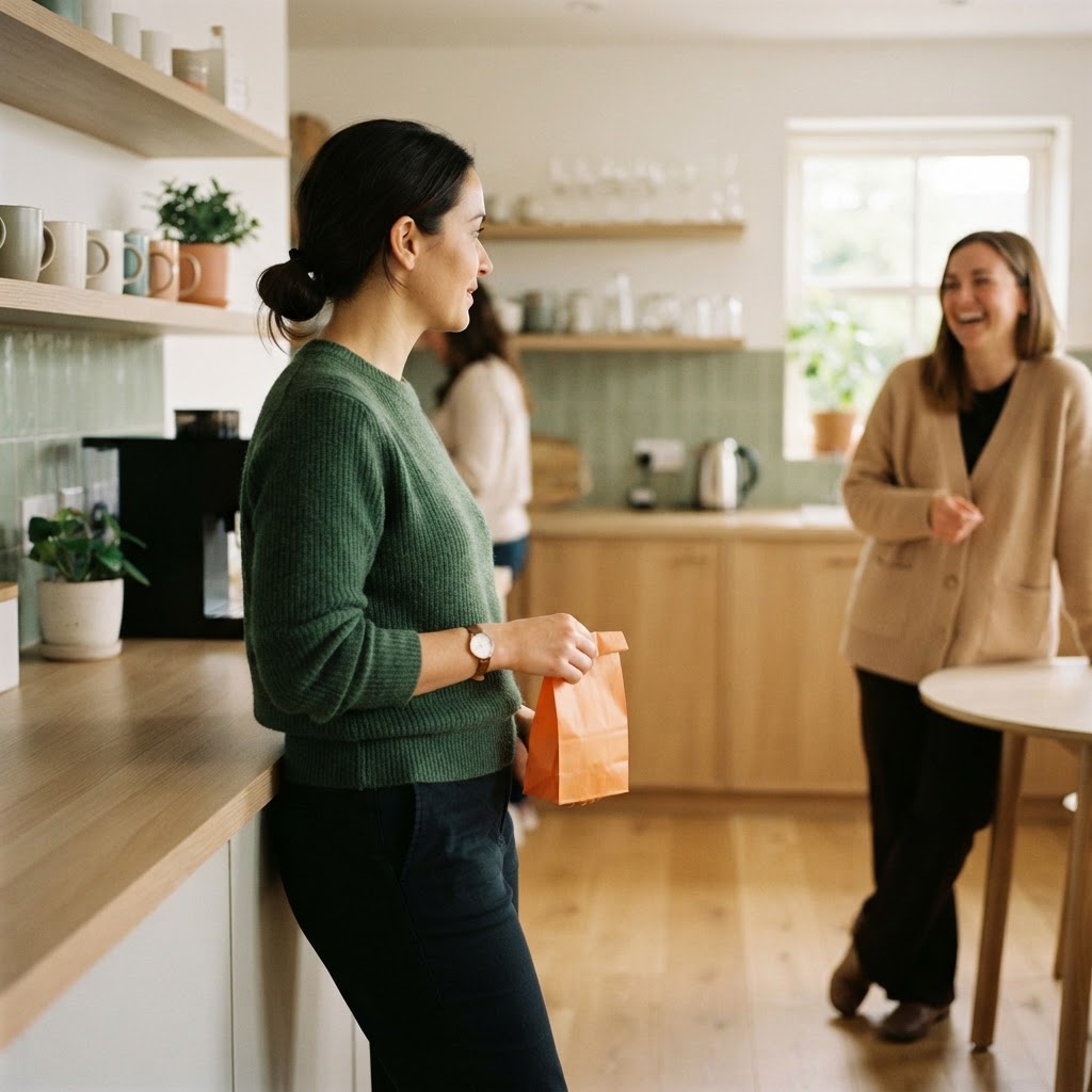 Employee holding a prescription bag in a bright office kitchen