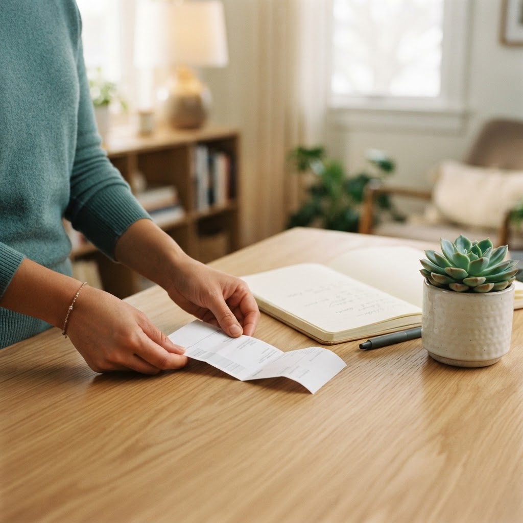 Hands placing a medical receipt on a wooden desk