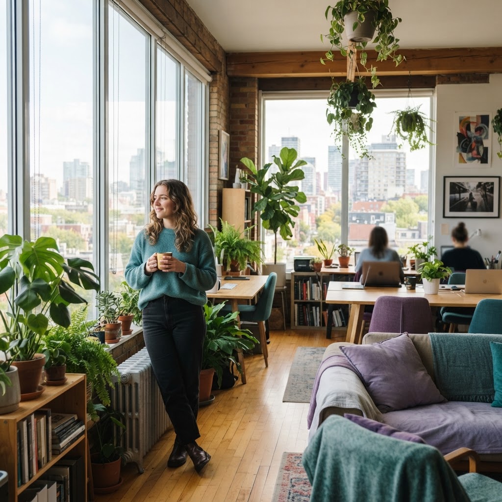 Employee relaxing by a window in a modern Montreal office