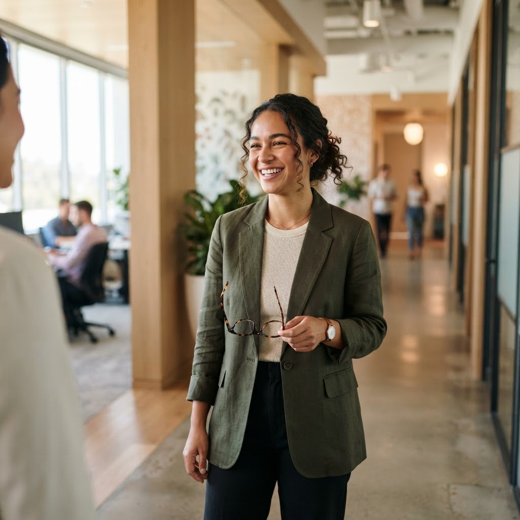 Employee smiling while holding a new pair of glasses