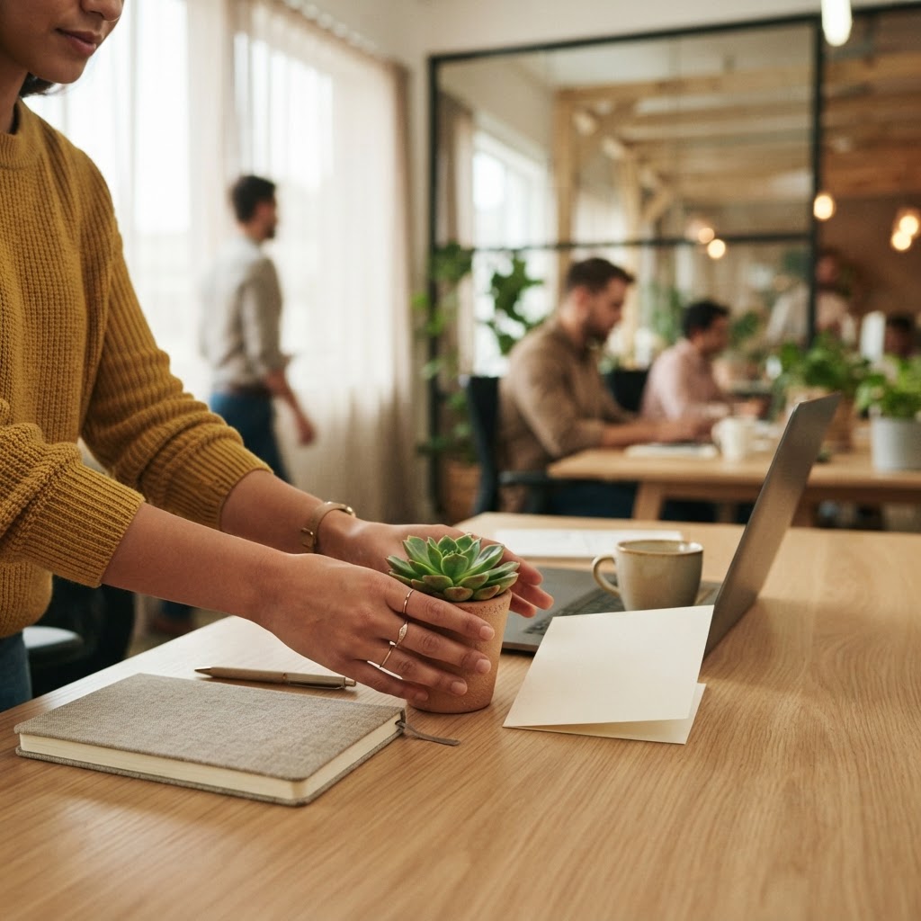Hands placing a thank you note and a plant on a desk