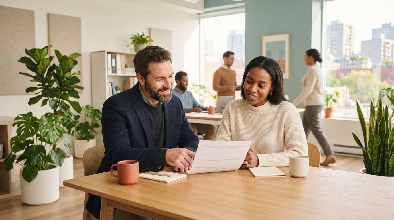 Two professionals collaborating on budget planning in a sunlit modern office
