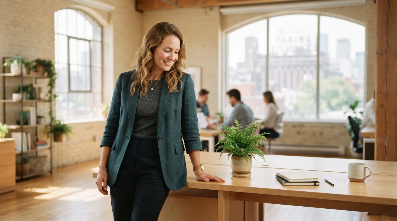 Business owner looking thoughtful in a bright modern office