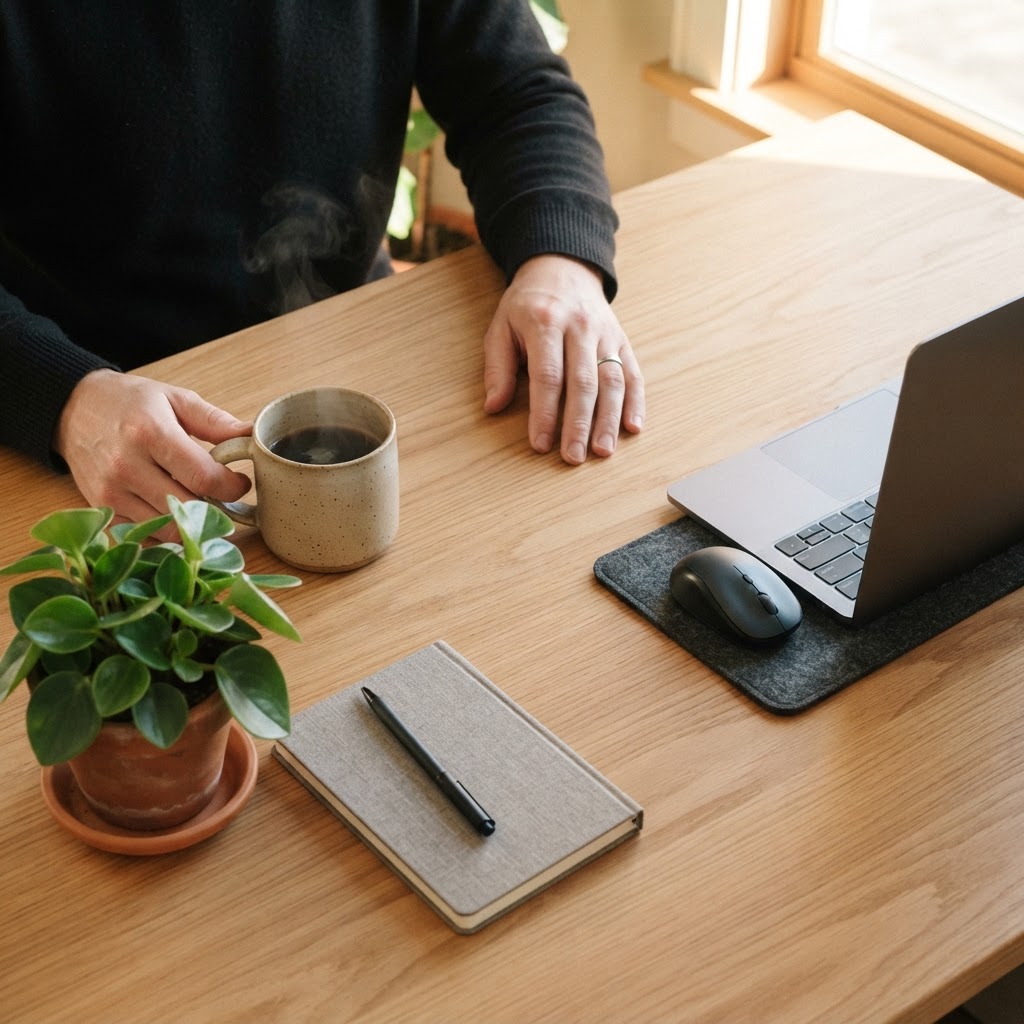 Hands resting on a clean desk surface with a mug