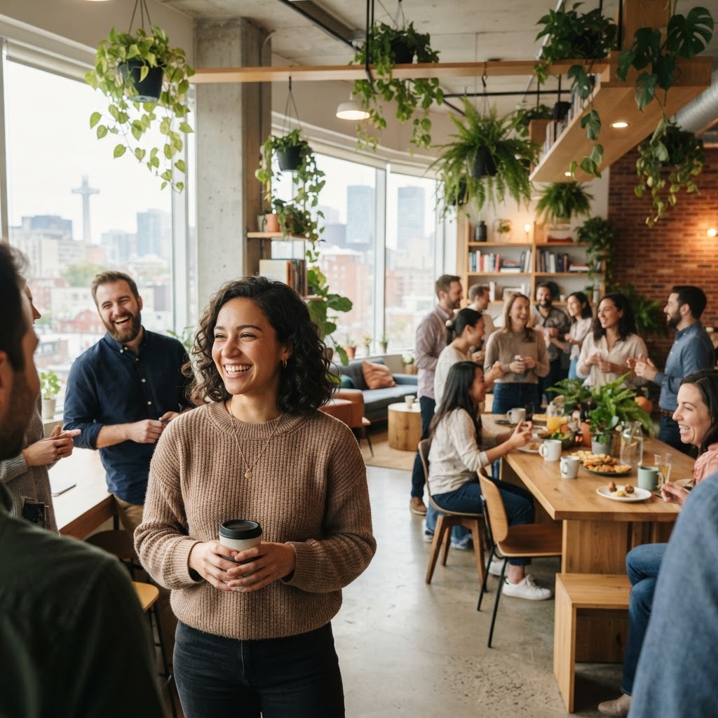 Team members in a bright and supportive office environment