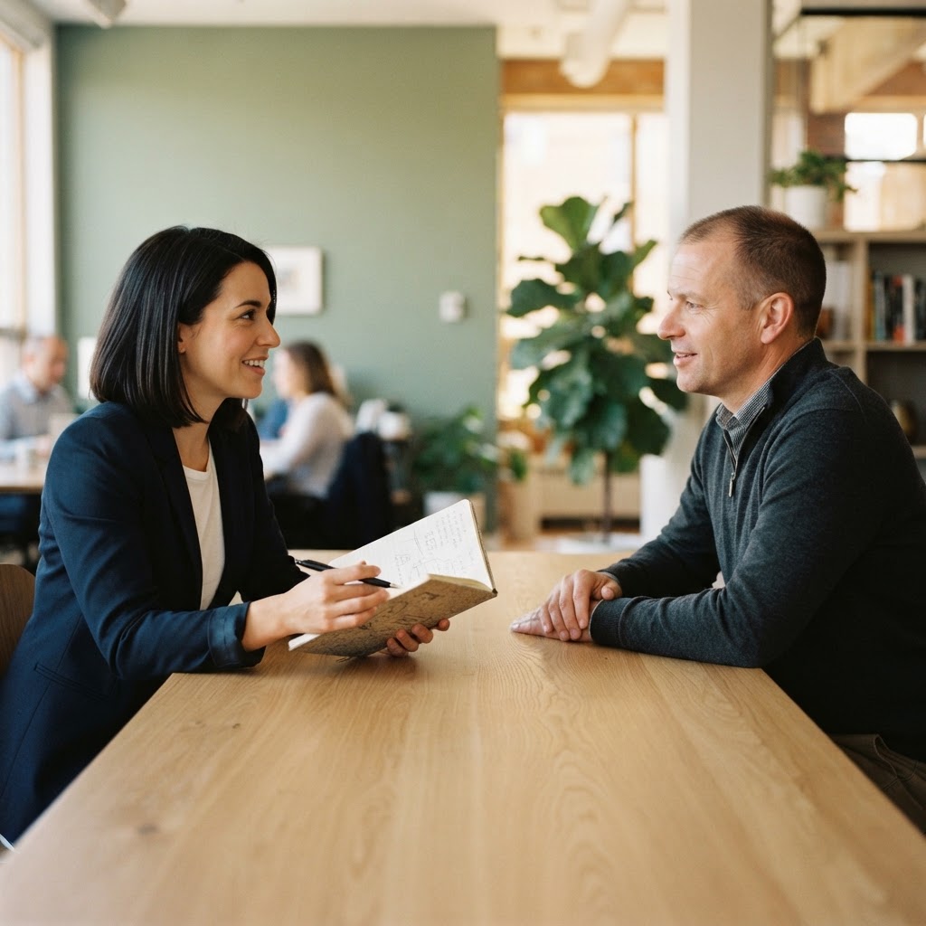 Two colleagues collaborating in a bright modern office
