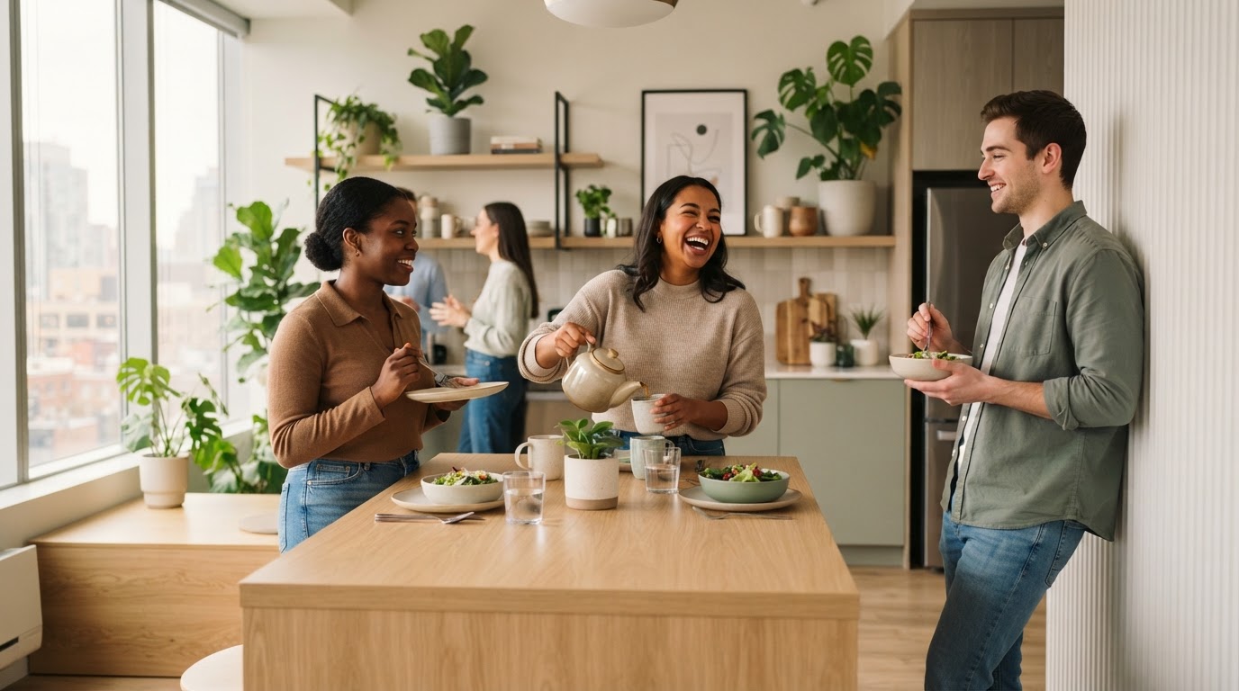 Diverse team laughing together in a modern Montreal office