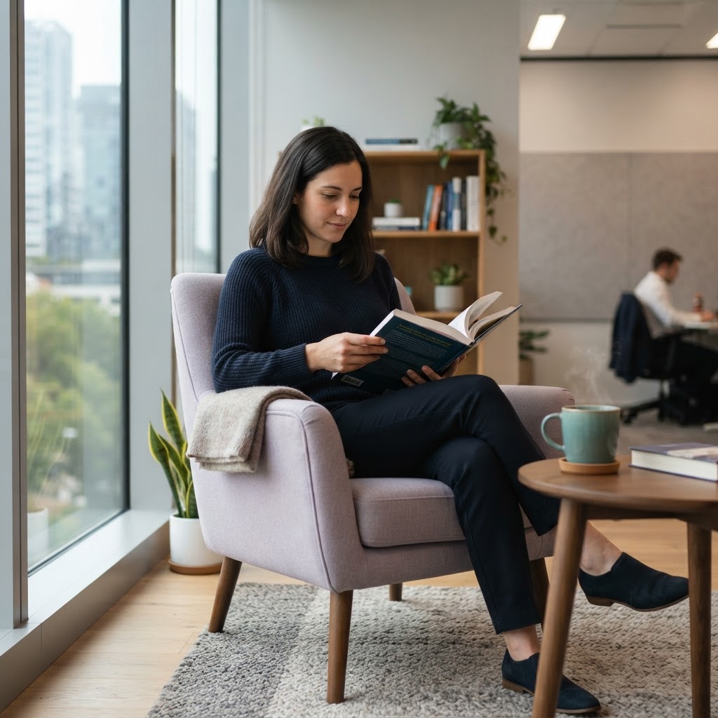 Employee reading in a comfortable modern office nook