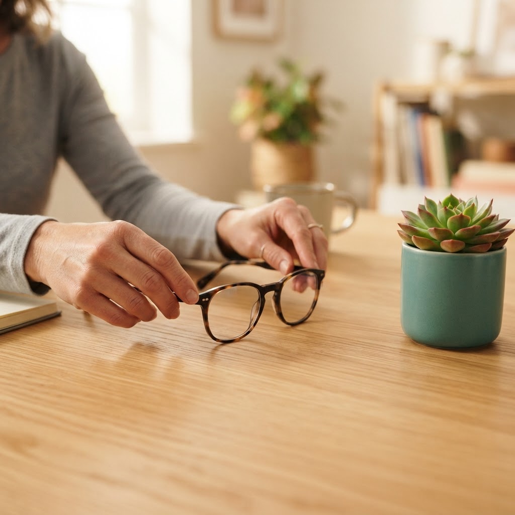 Pair of glasses on an office desk next to a plant