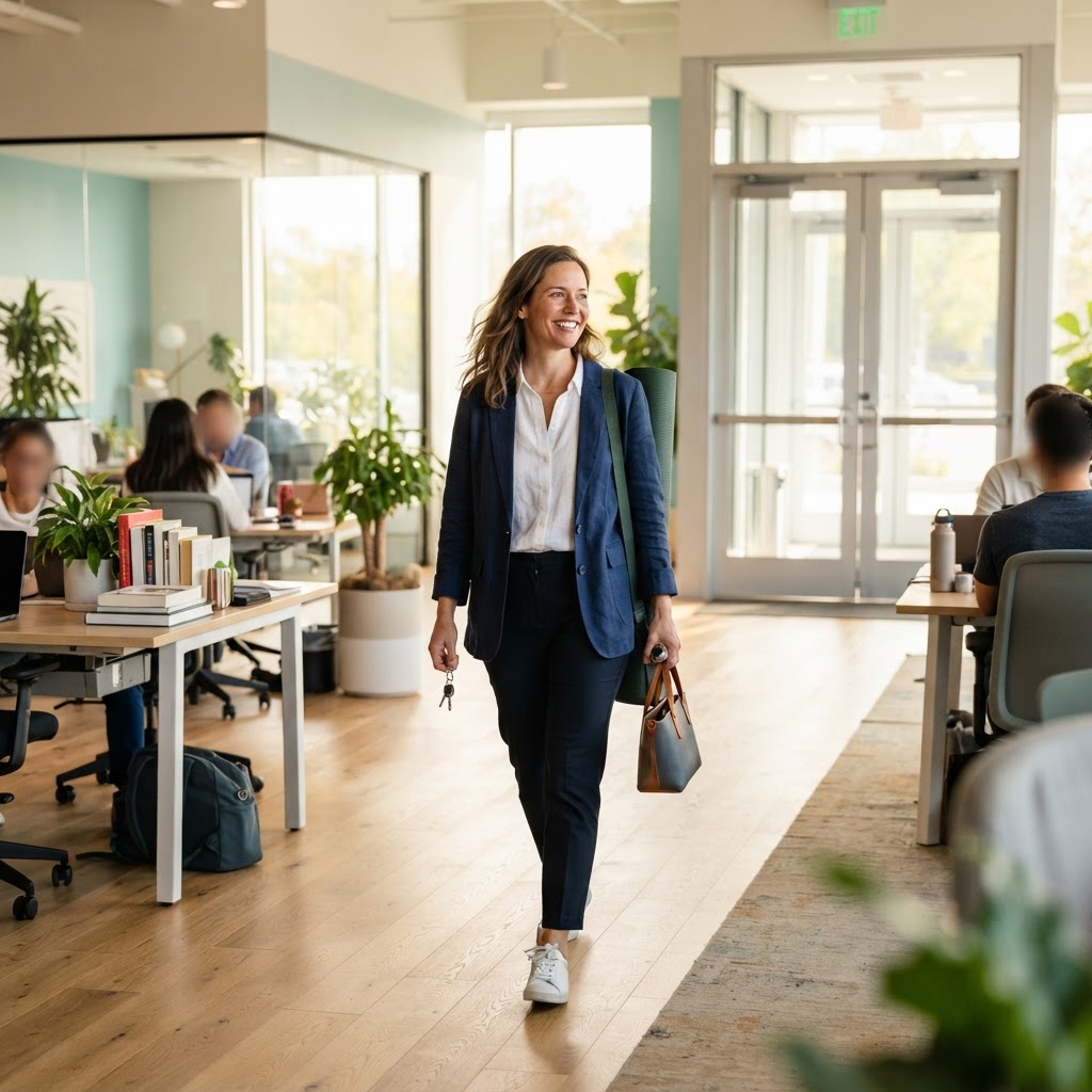 Professional carrying a yoga mat in a modern office