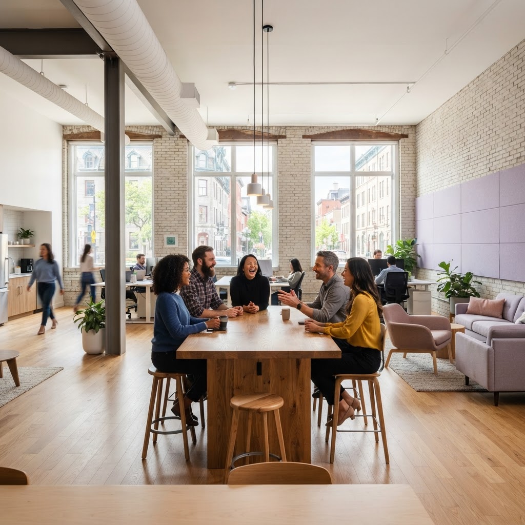 Diverse team laughing together in a sunlit open-plan office
