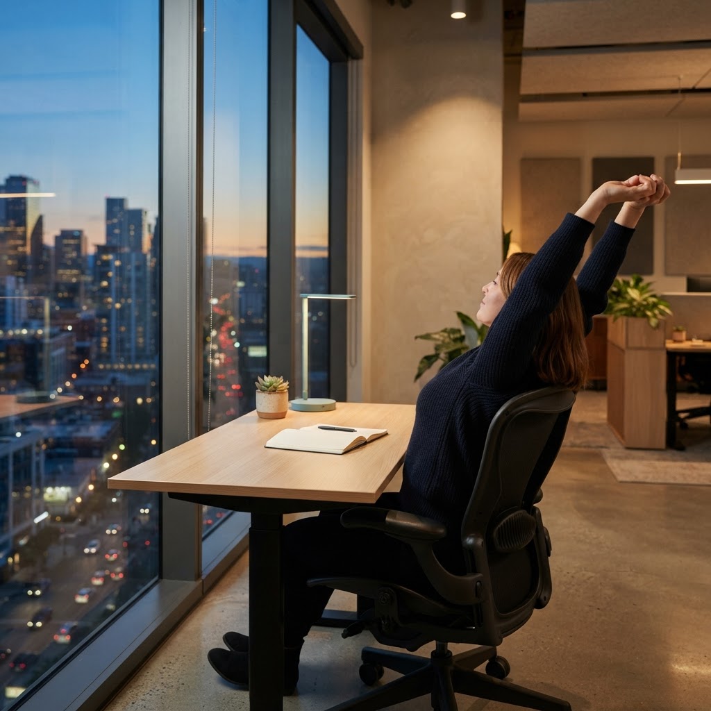 Employee relaxing at their desk while looking out a large office window
