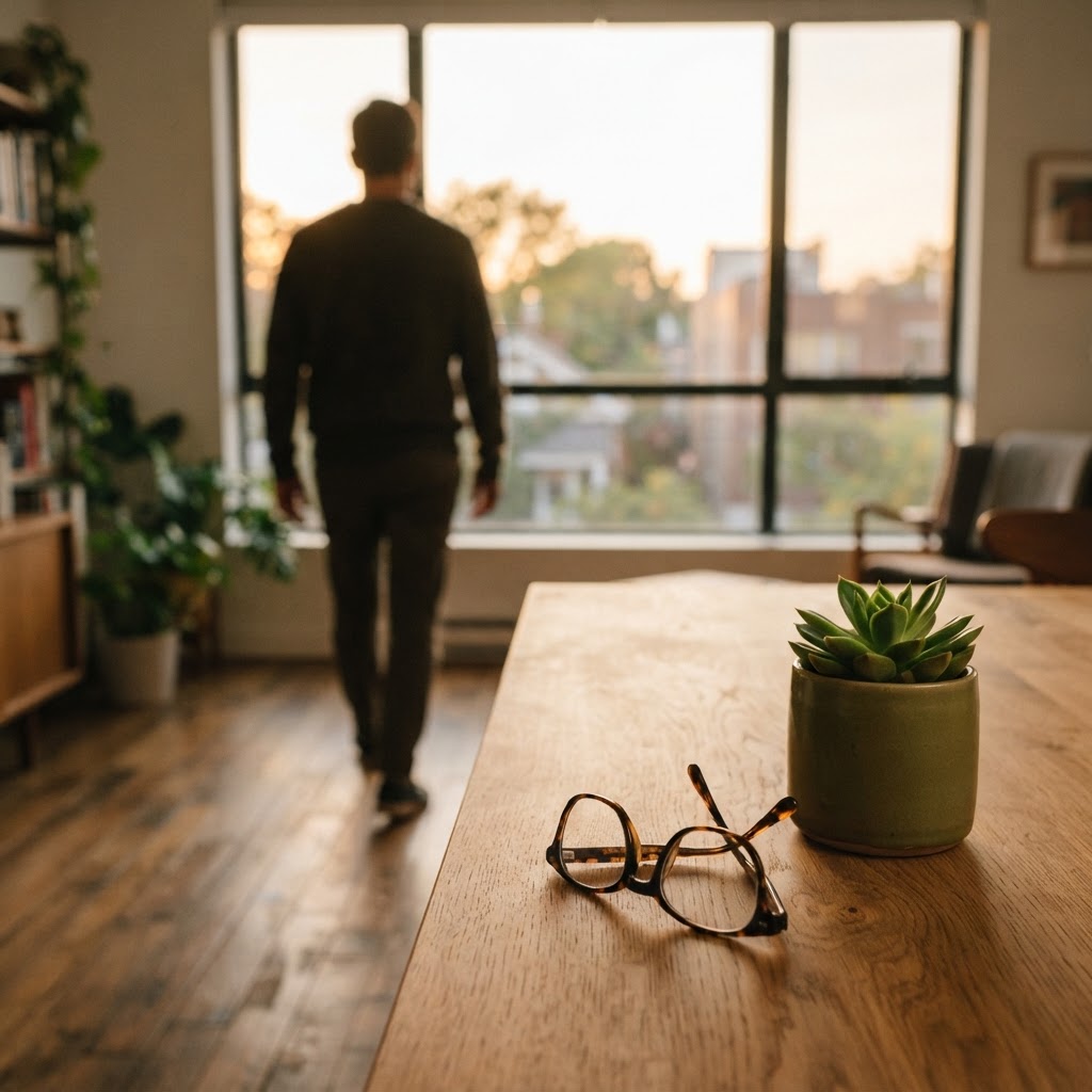 Minimalist wooden desk surface with a potted plant and soft afternoon light