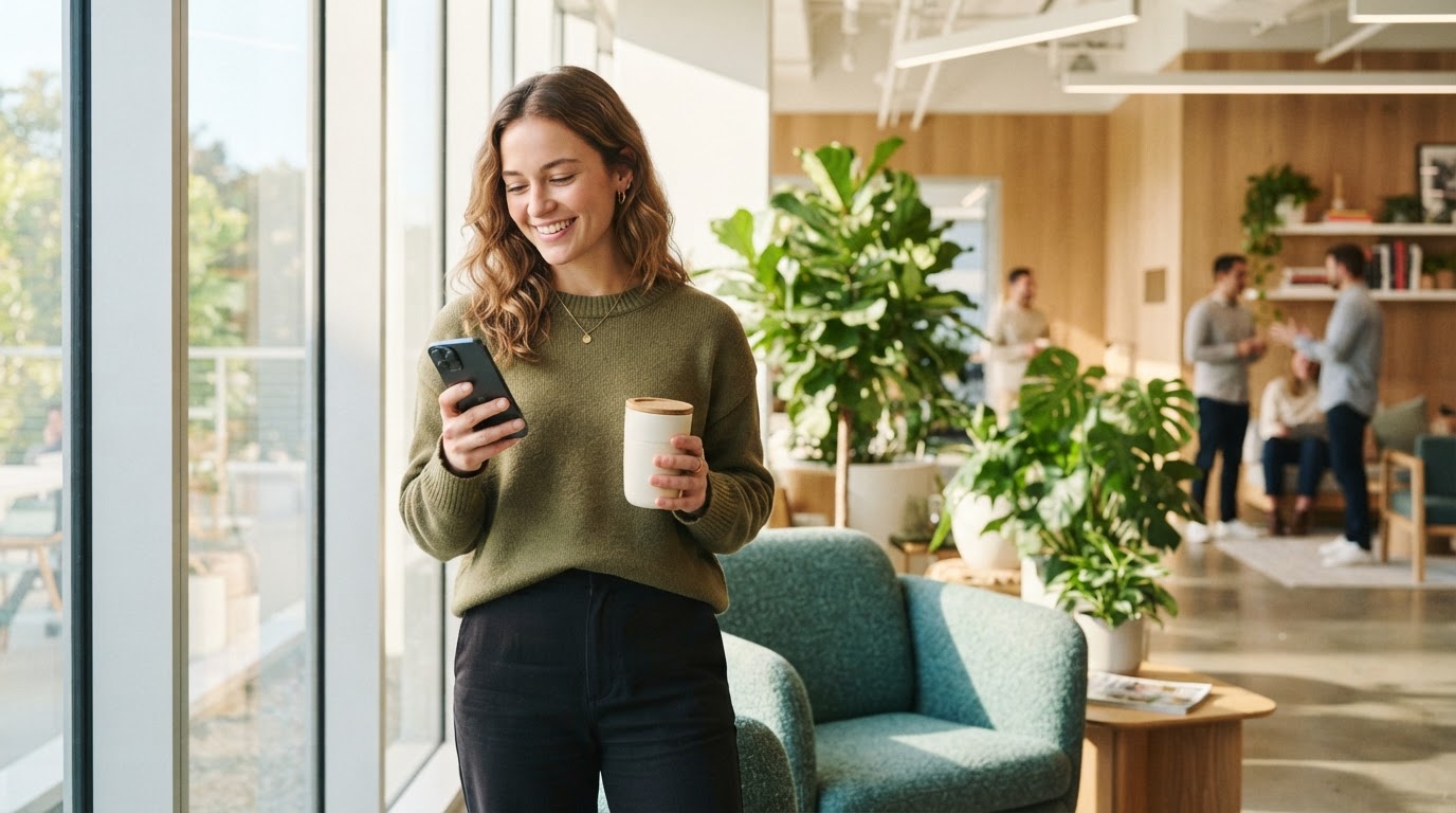 Professional woman looking relieved while using her smartphone in a bright office
