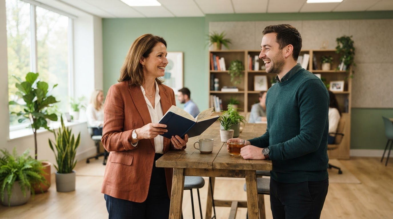 Business owner and employee discussing benefits in a bright office