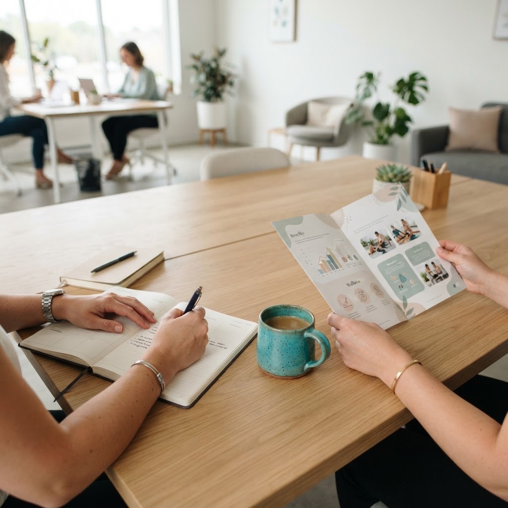 Collaborative benefits planning on a modern office desk