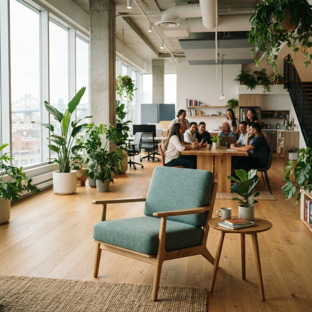 Wide view of a modern open office space