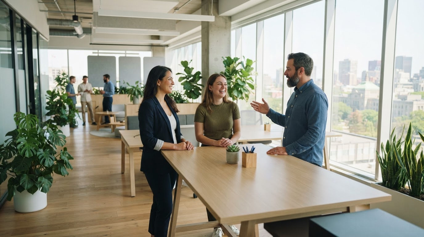 Diverse colleagues talking in a sunlit modern office