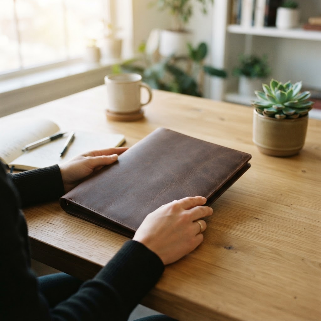 Hands resting on a clean wooden desk with a folder