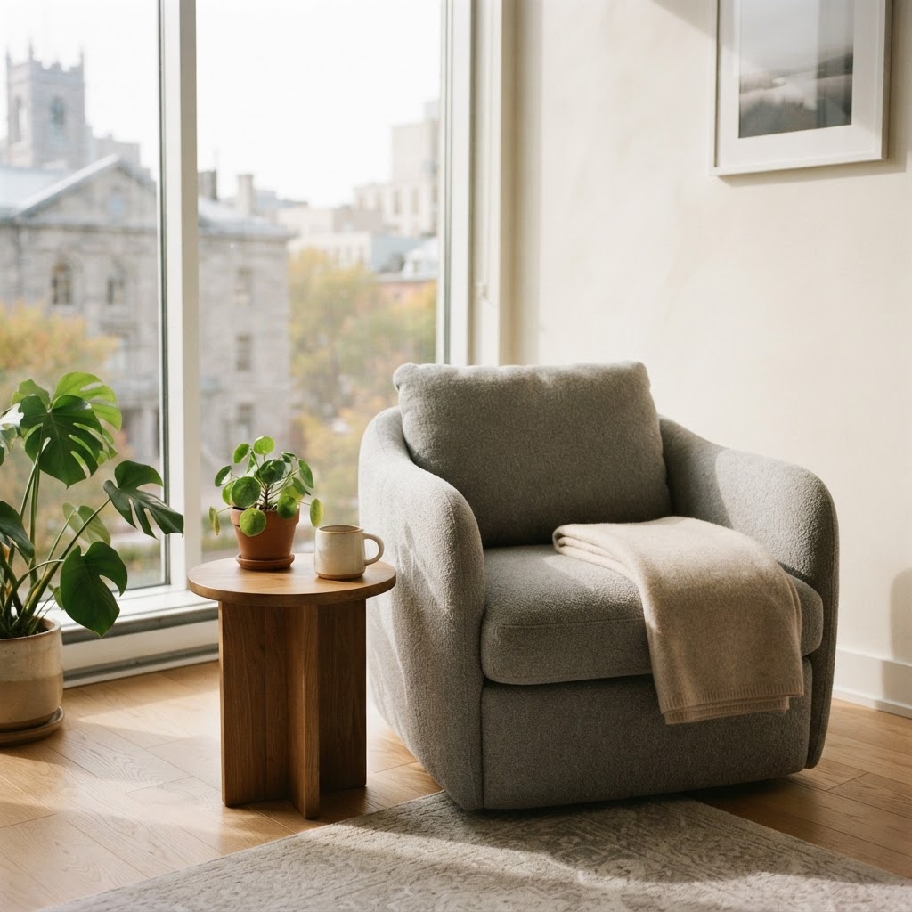 Quiet sunlit lounge corner in a modern office