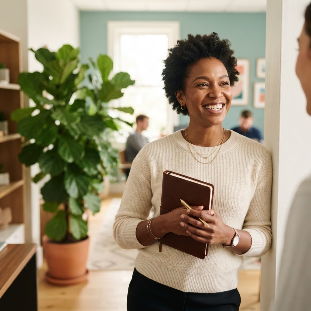 A happy professional holding a notebook in a light filled office