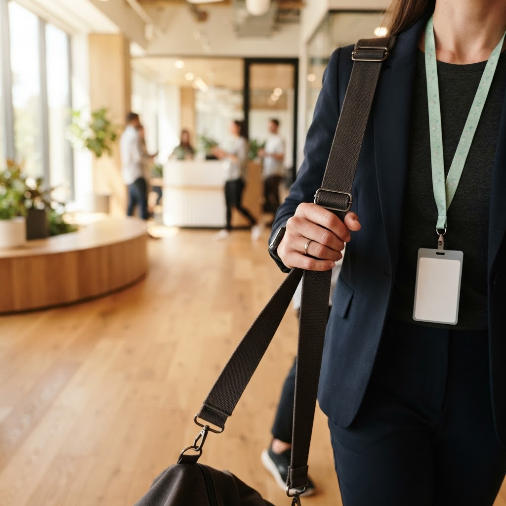 Hands holding a gym bag strap in a bright modern office lobby