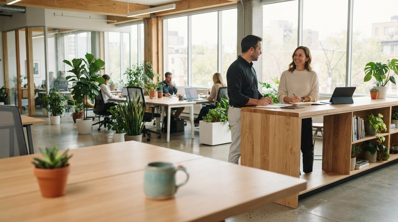 Two business owners having a relaxed conversation in a bright modern office