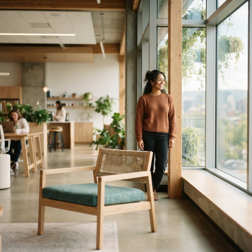 A bright modern office space with a person smiling near a window