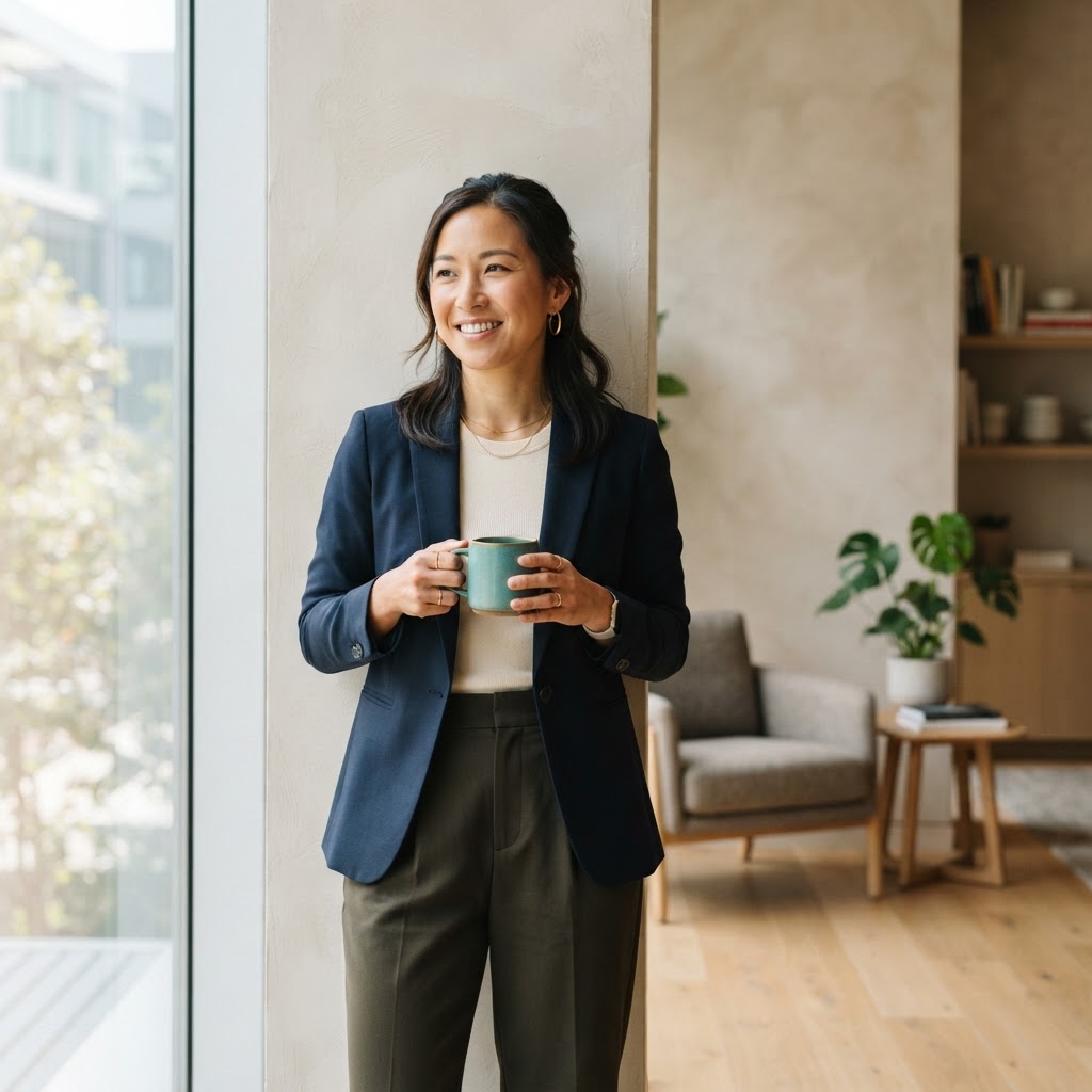 A relaxed employee holding a teal mug in a bright office lounge