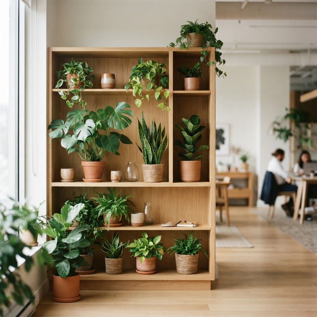 Lush indoor plants in a sunlit modern office interior
