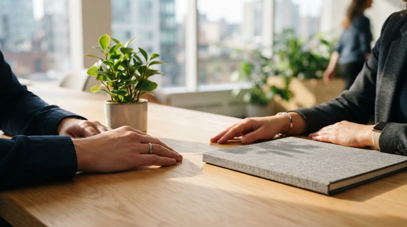 Two colleagues hands resting on a clean office surface with a green plant